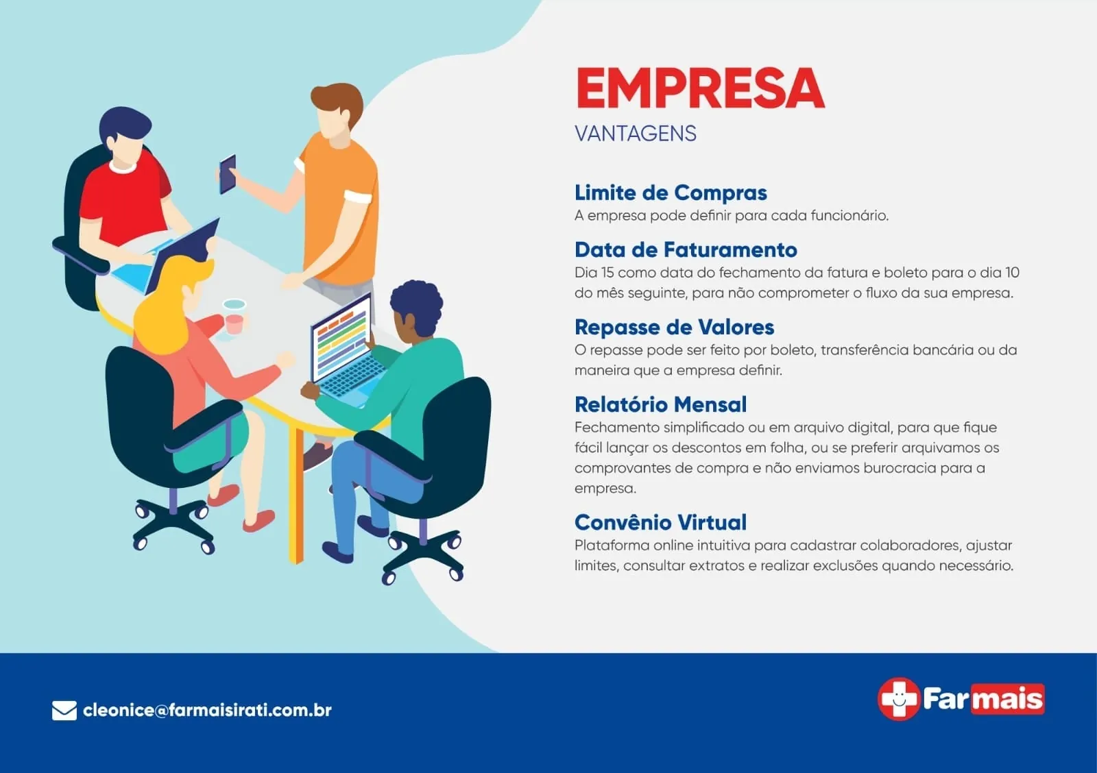 Vantagens para a empresa: limite de compras, data de faturamento, repasse de valores, relatório mensal e convênio virtual