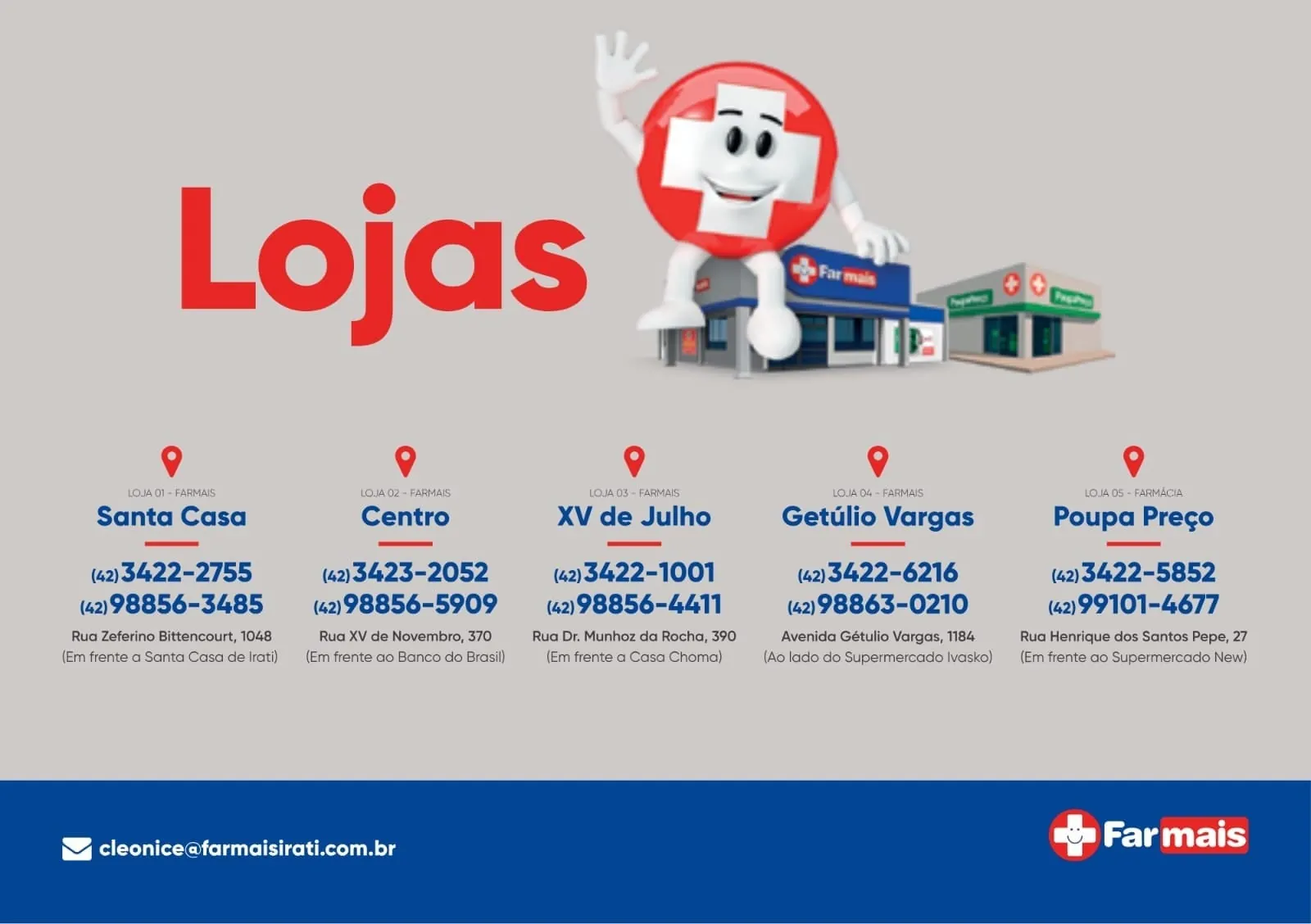 Lojas do convênio em Irati: Santa Casa, Centro, XV de Julho, Getúlio Vargas e Poupa Preço
